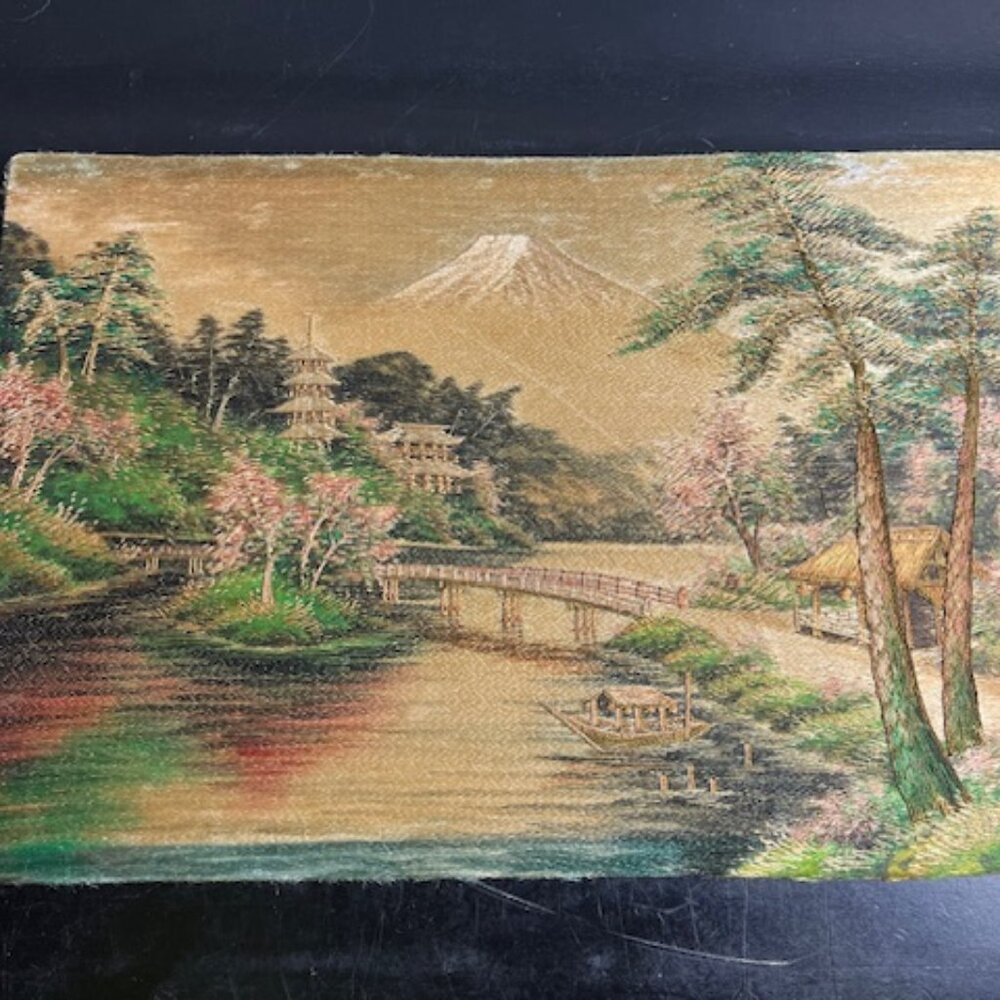 Vintage, Antique Japanese Silk Embroidery, Hand Stitched 14.25 x 9.5" Mt Fuji